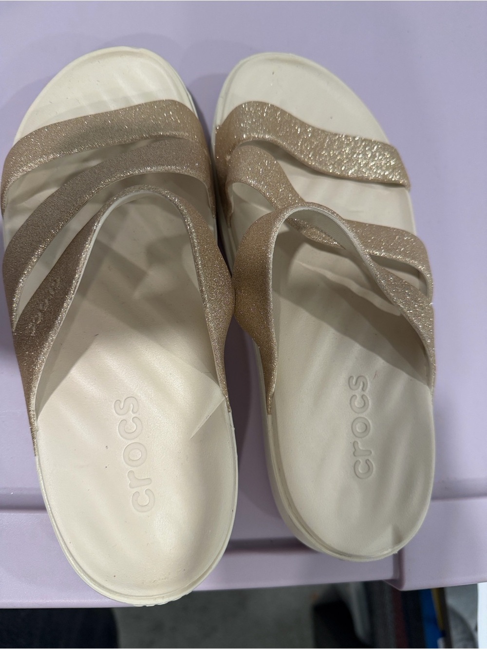 CROCS Women's Glitter Champagne Slide Sandals